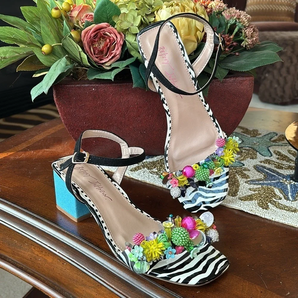 BETSEY JOHNSON Black Embellished Ankle Strap Open Toe Block Heel Beaded Sandals